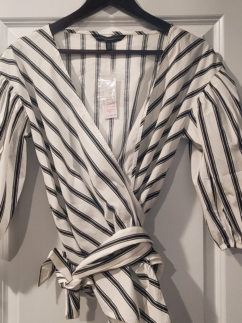 White House Black Market White and Black Striped Wrap Top